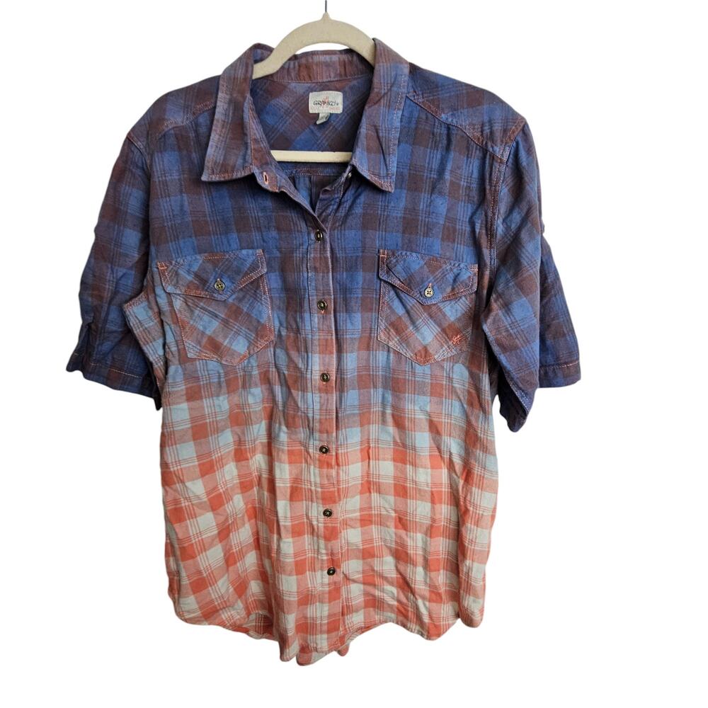 Gramicci Shirt Button Down Shirt Women's XL Blue Red Ombre Shirt Plaid Shirt